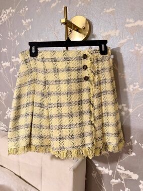 Zara Clueless Style Frayed Hem Yellow Plaid Tweed Mini Skirt